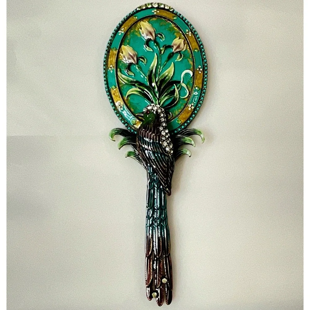 Art Nouveau Parrot Enamel Hand Mirror Mandalay Austrian Crystal Box Twos Company